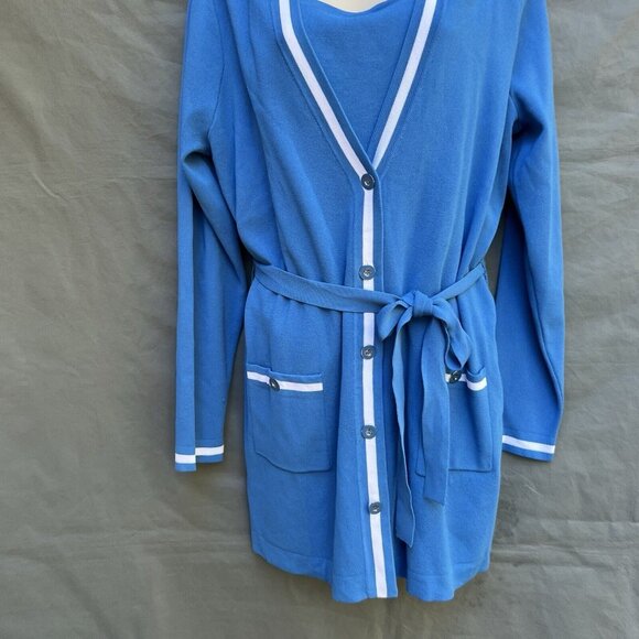 Doncaster Collection Size LM Blue White Knit Cardigan and Matching Tank Top Set - Picture 3 of 10